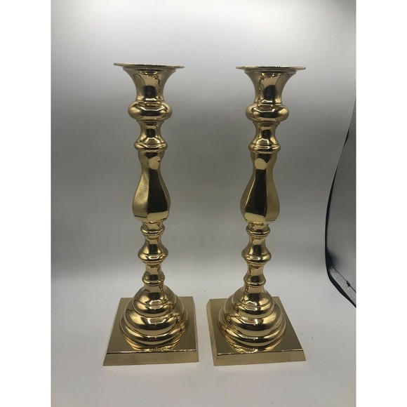 Vintage large brass candleholders candlesticks 15“ tall non-tarnish clear Coat